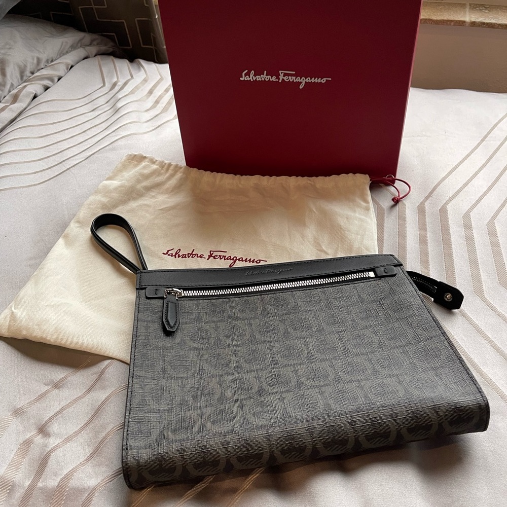Salvatore Ferragamo Men Leather Pouch/ Clutch in color Black/Grey